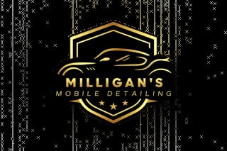 Milligans Mobile Detailing logo featuring a gold badge with a car silhouette and shield design on black background