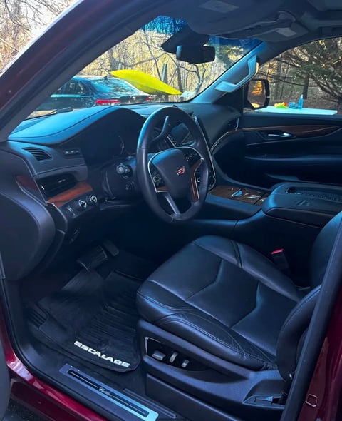 Interior view of a red sports car with blue steering wheel and dashboard, door open showing black leather seats and forest background