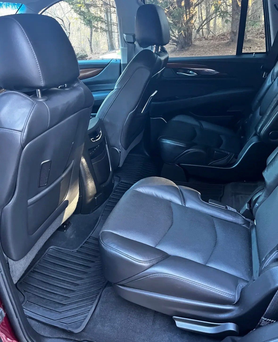 Interior view of vehicle rear seats with black leather upholstery and dark dashboard visible through windows showing trees outside
